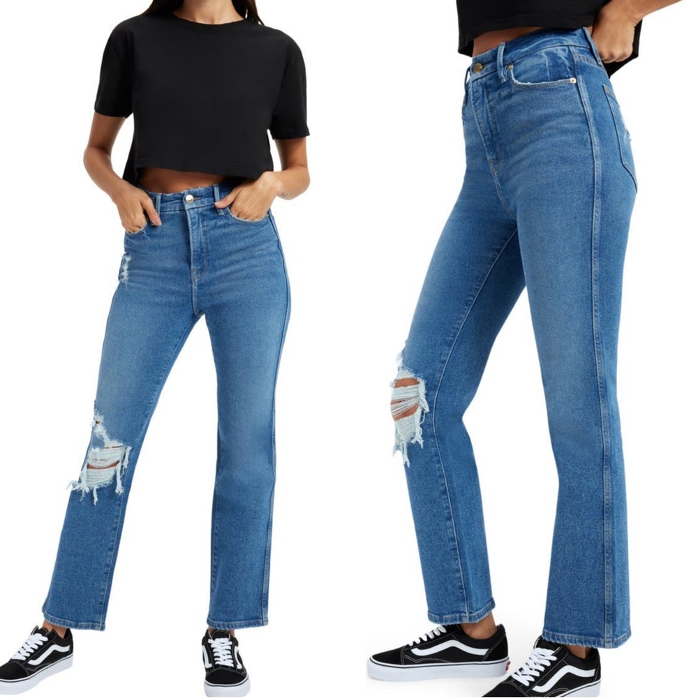 Good American Good Curve high waisted distressed straight leg jeans